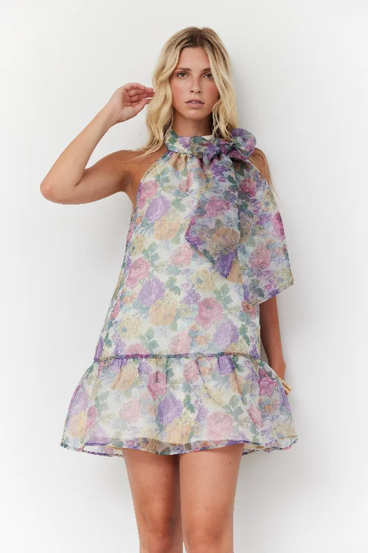 SALE - Eve Tie Neck Floral Mini Dress Cozy Cowl Neck Mini Dress