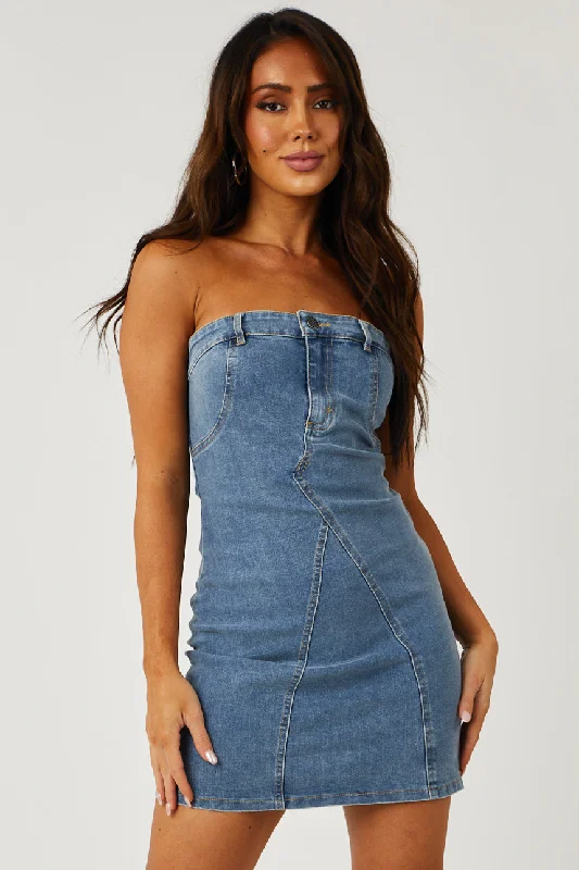 Medium Wash Strapless Denim Zip Up Mini Dress Fashionable Pleated Mini Dress