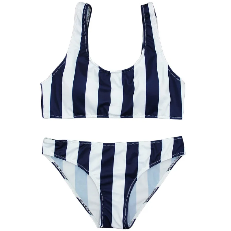 2PCS White + Dark Blue Strip Swimwear Lady Women Split Swimsuit Vest Type Beach Swimsuit Printing Bathing Suit Tie-Back Swimwear