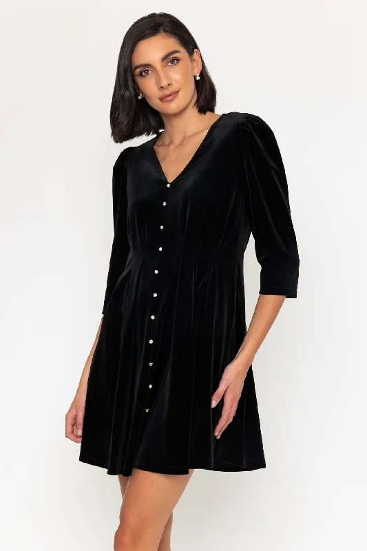 3/4 Sleeve Length Velvet Martha Mini Dress in Black Comfortable Casual Mini Dress