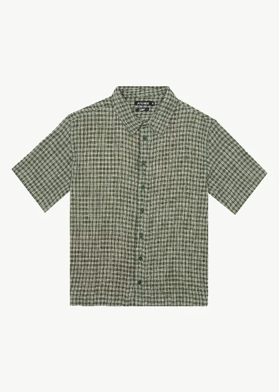 AFENDS Mens Base - Short Sleeve Shirt - Deep Green Check Comfortable Stretch Short Shirt