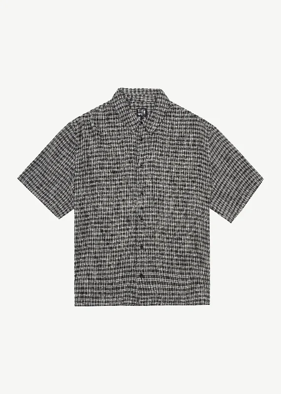 AFENDS Mens Asta - Seer Sucker Regular Shirt - Steel Check Chic Embellished Short Sleeve