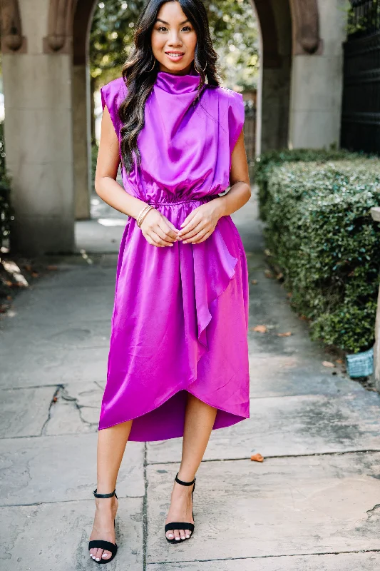 All Eyes On You Plum Purple Satin Midi Dress Fashionable Pleated Midi Dress