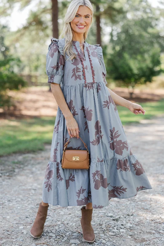 All In The Allure Slate Blue Floral Midi Dress Cozy Midi Dress with Pockets