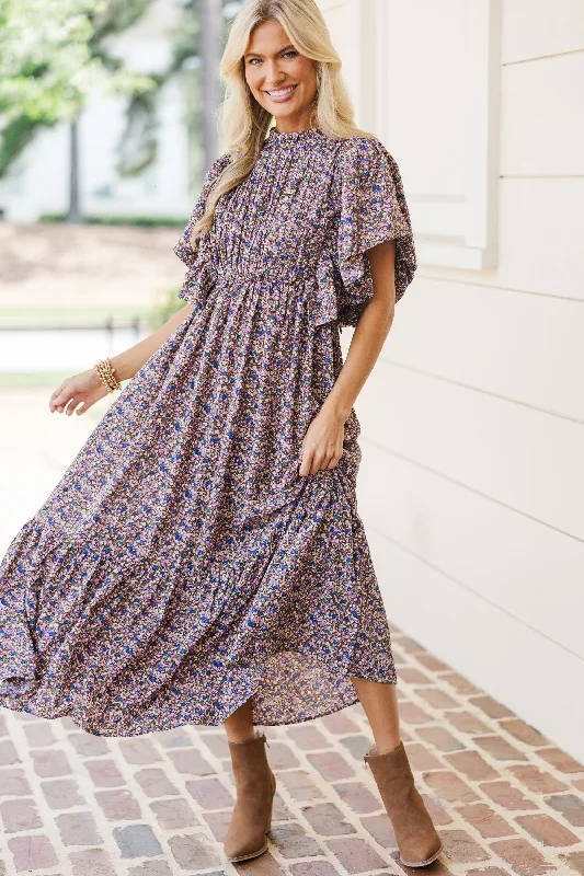 All The Good Plum Ditsy Floral Ruffled Midi Dress Trendy Ruffle Hem Midi Dress