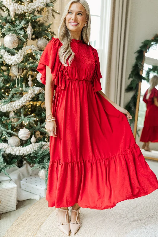 All The Good Red Ruffled Midi Dress Fashionable Casual Midi Dress