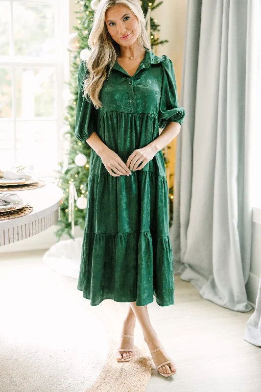 All The Love Emerald Green Floral Satin Midi Dress Comfortable Denim Midi Dress