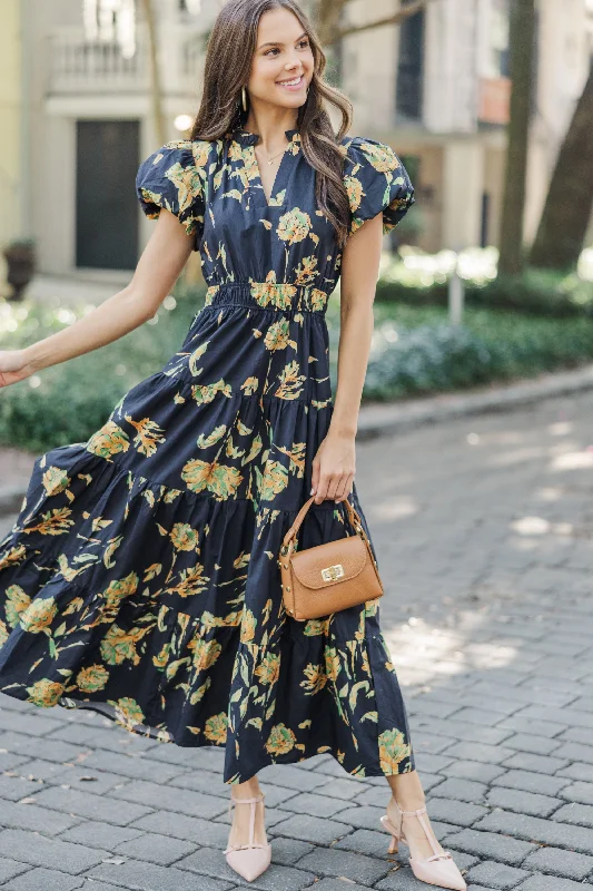 Always On My Mind Black Floral Midi Dress Comfortable Geometric Print Midi Dress