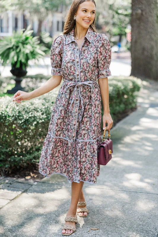 Be With Me Brown Ditsy Floral Midi Dress Stylish Pleated Skirt Midi Dress