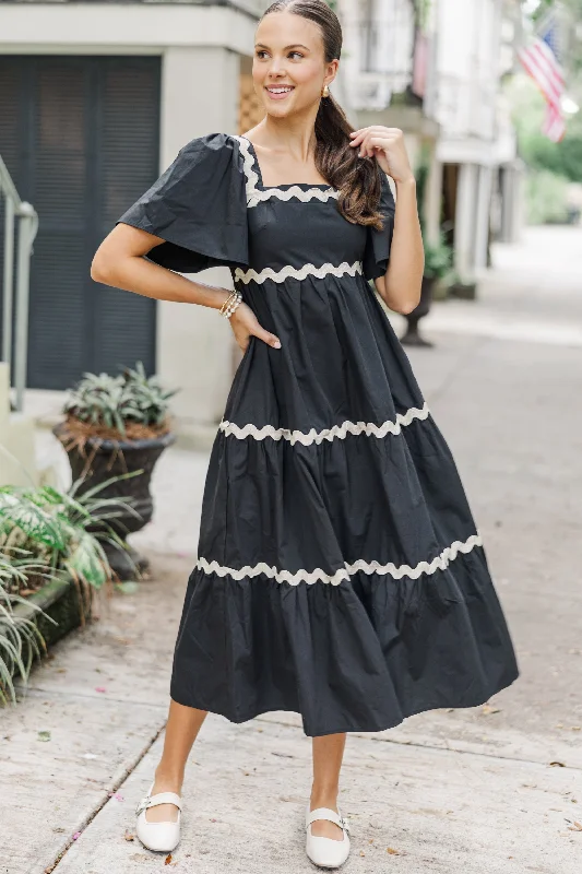 Better Than You Know Black Rickrack Midi Dress Fashionable High-Low Midi Dress