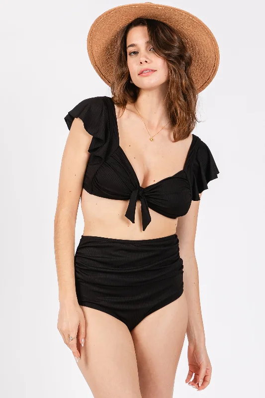 Black Ribbed Ruffle Shoulder Front Tie High Waist Two-Piece Swimsuit Cross-Back Bikini