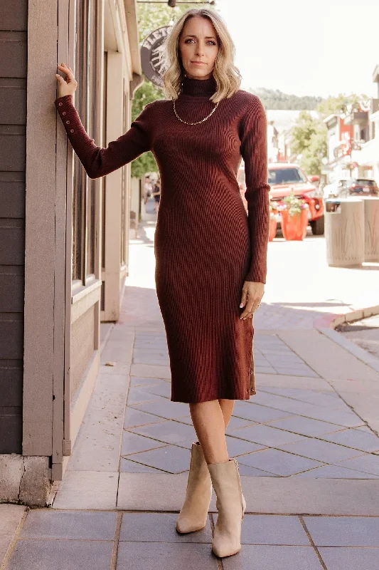 Caldwell Ribbed Turtleneck Midi Dress | Brown Elegant Floral Skirt Midi Dress