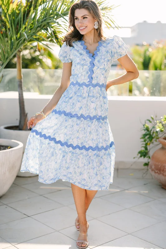 Call On Me Blue Floral Midi Dress Fashionable Sheer Sleeve Midi Dress