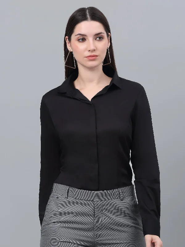 Women's Formal Slim Fit Black Regular Full Sleeve  Shirt Fashionable Rounded Short Shirt