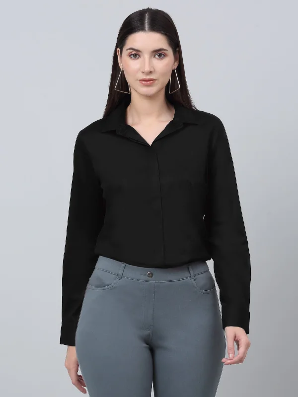 Women's Formal Slim Fit Black Regular Full Sleeve  Shirt Comfortable Knit Short Shirt