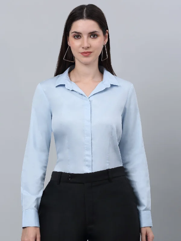 Women's Formal Slim Fit Sky Blue Regular Full Sleeve  Shirt Elegant Draped Short Sleeve