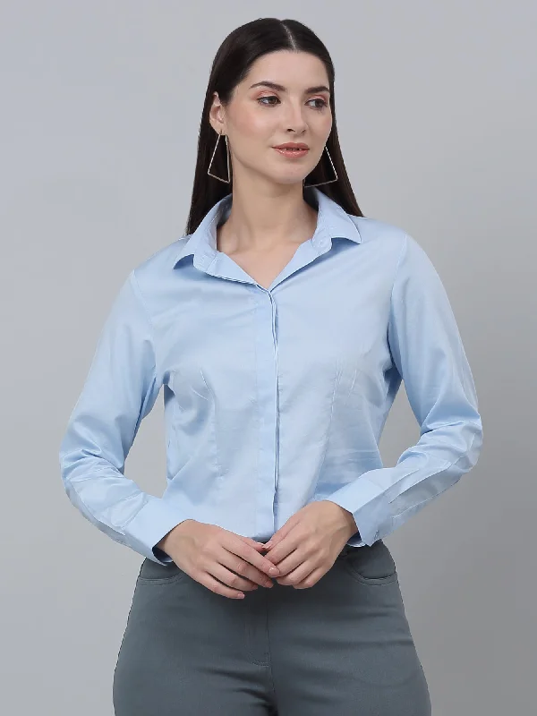 Women's Formal Slim Fit Sky Blue Regular Full Sleeve  Shirt Elegant Draped Short Shirt