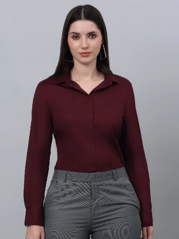 Women's Formal Slim Fit Wine Regular Full Sleeve  Shirt Casual Cotton Short Shirt