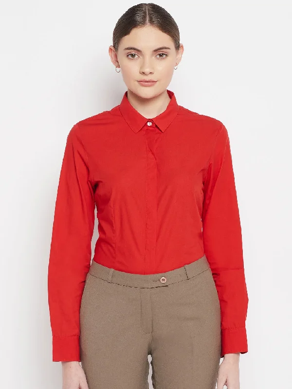 Women's Formal  Red Regular Full Sleeve  Shirt Trendy Sleeveless Short Shirt