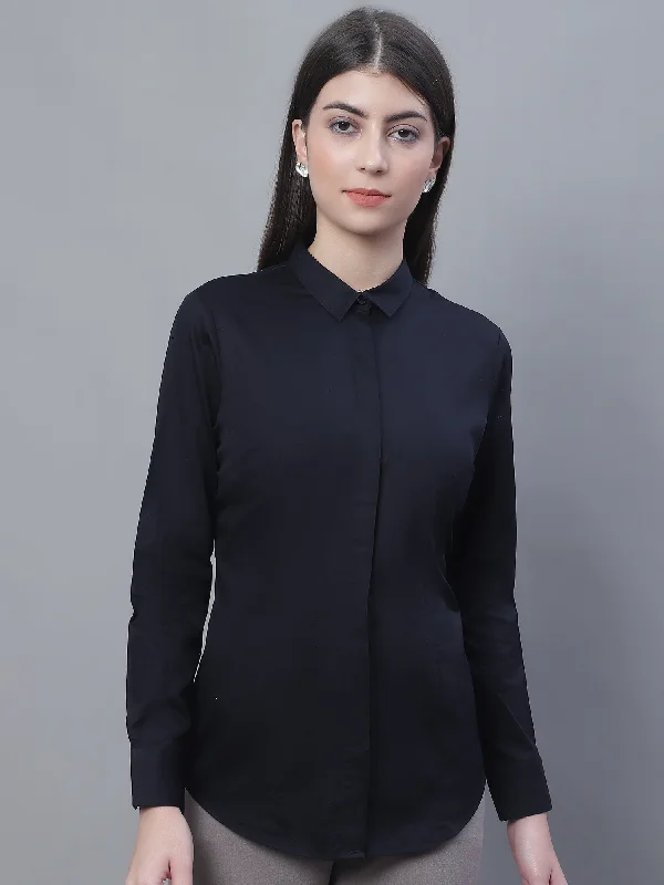 Women's Formal Slim Fit Black Regular Full Sleeve  Shirt Casual Ruffle Short Shirt