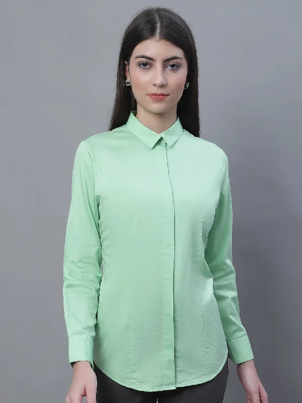 Women's Formal Slim Fit Green Regular Full Sleeve  Shirt Fashionable Pleated Short Shirt