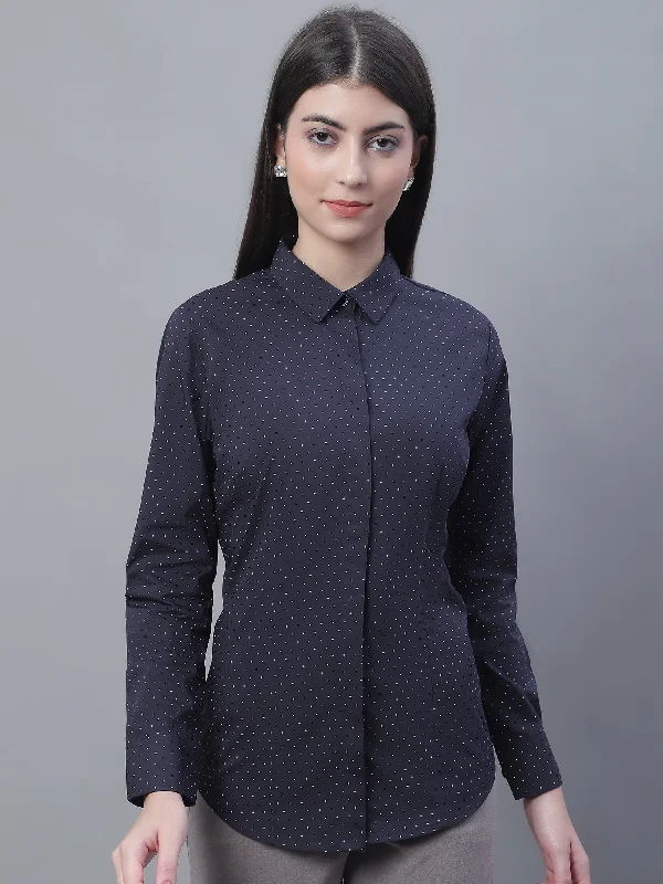 Women's Formal Slim Fit Navy Blue Regular Full Sleeve  Shirt Fashionable Button-Front Short Sleeve