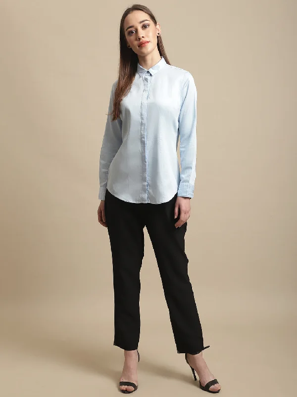 Women's Formal Slim Fit Sky Blue Regular Full Sleeve  Shirt Relaxed Fit Short Blouse