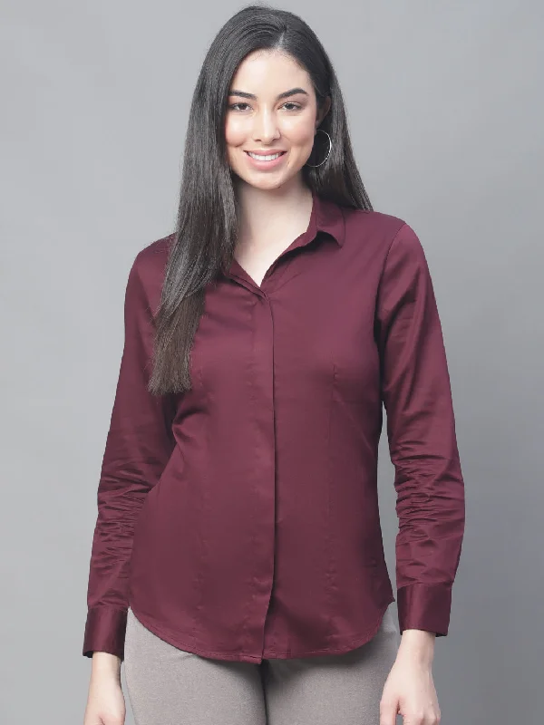 Women's Formal Slim Fit Wine Regular Full Sleeve  Shirt Fashionable Draped Short Sleeve