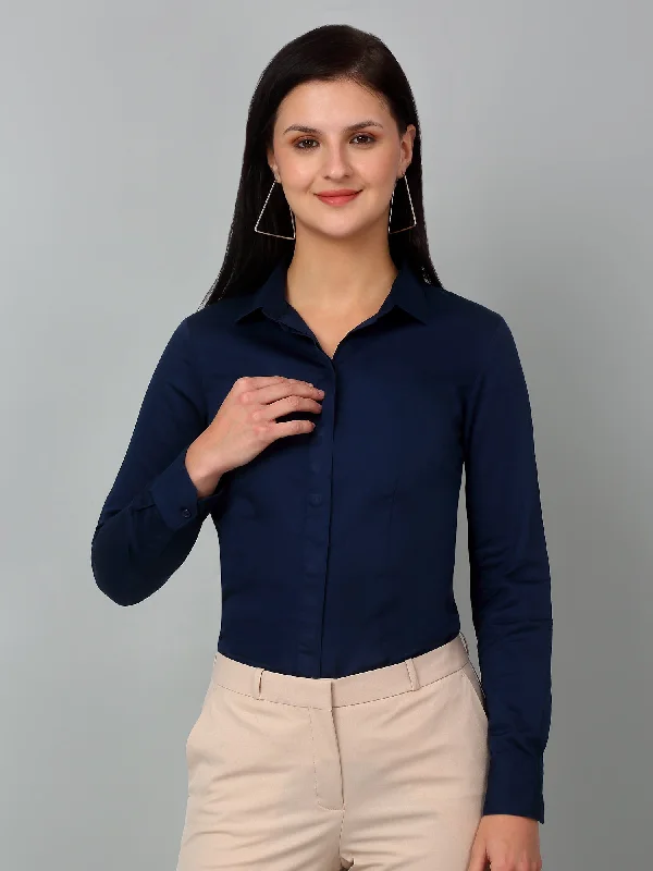 Women's Formal Slim Fit Blue Regular Full Sleeve  Shirt Casual Button-Down Short Shirt