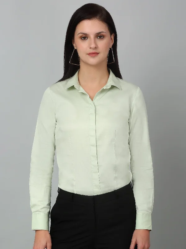 Women's Formal Slim Fit Pista Green Regular Full Sleeve  Shirt Modern Fit Short Sleeve