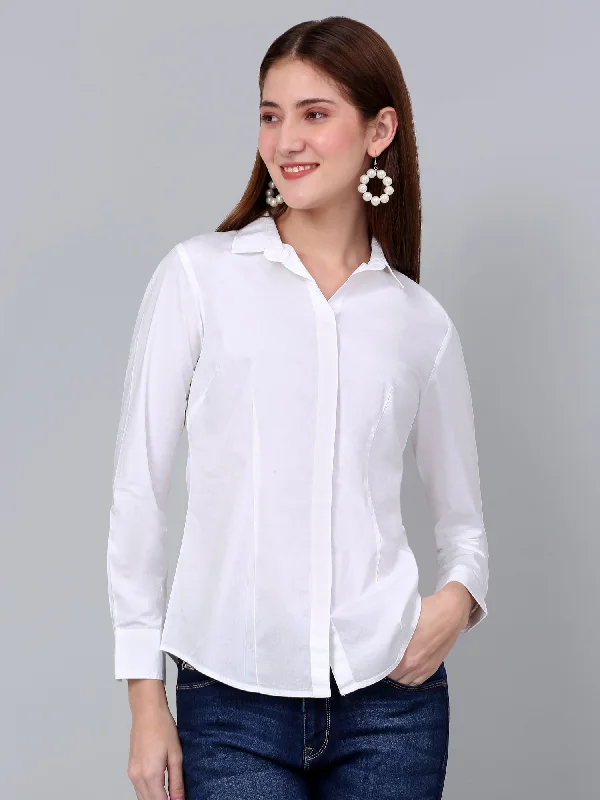 Women's White Solid Formal Shirt Relaxed Button-Down Short Shirt