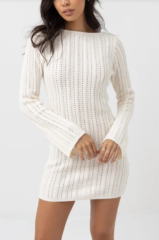 Charlize Long Sleeve Knit Mini Dress In Ivory Trendy Bodycon Mini Dress