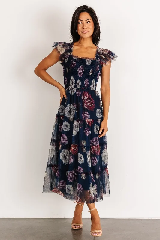 Clementine Tulle Midi Dress | Navy Floral Trendy Ruffled Sleeve Midi Dress