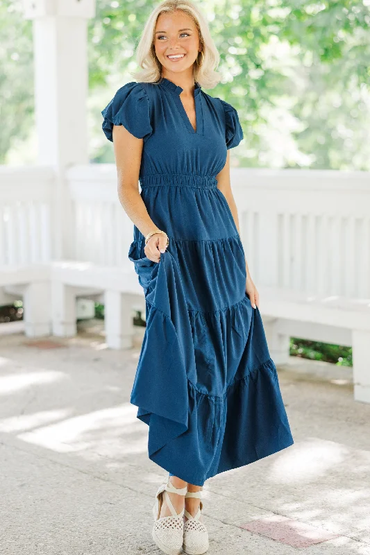 Coming Back For You Navy Blue Tiered Midi Dress Trendy Flared Sleeve Midi Dress