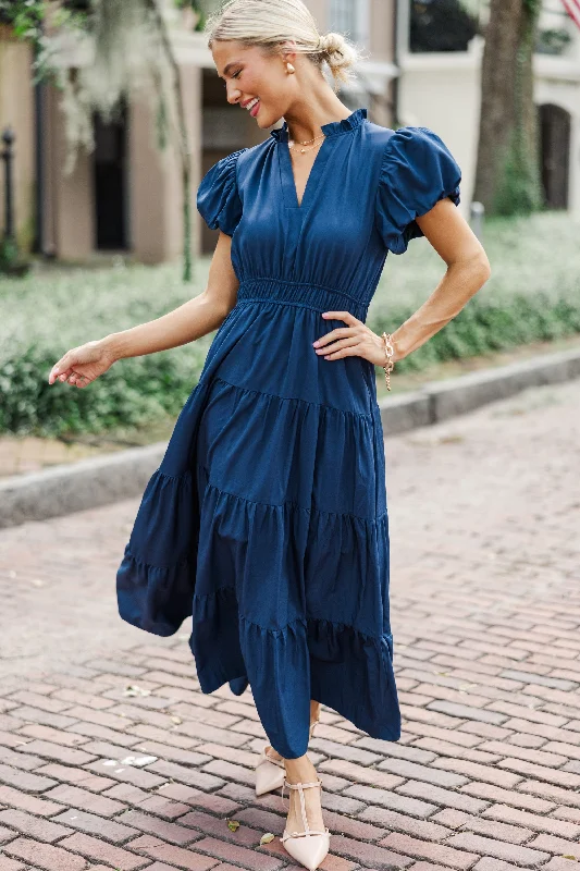 Coming Back For You Navy Blue Tiered Midi Dress Elegant Satin Slip Midi Dress