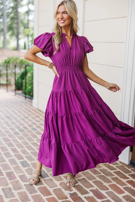 Coming Back For You Plum Purple Tiered Midi Dress Elegant Velvet Midi Dress