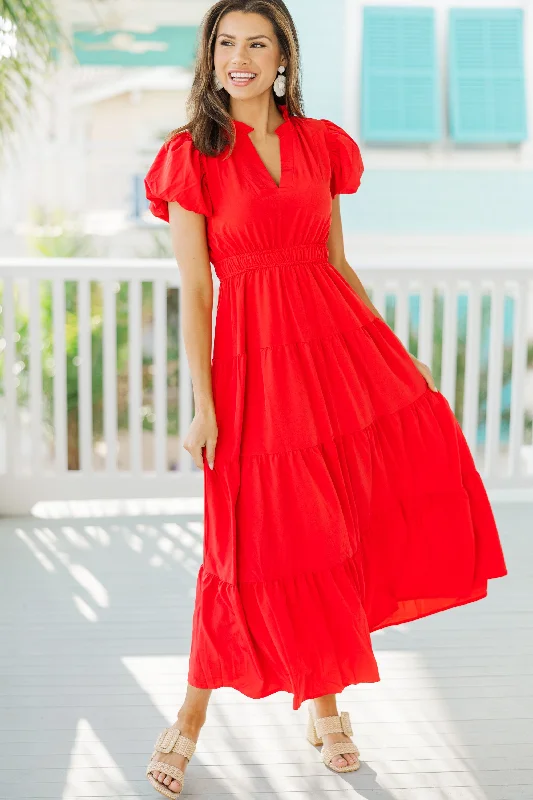 Coming Back For You Red Tiered Midi Dress Comfortable Wrap Midi Dress