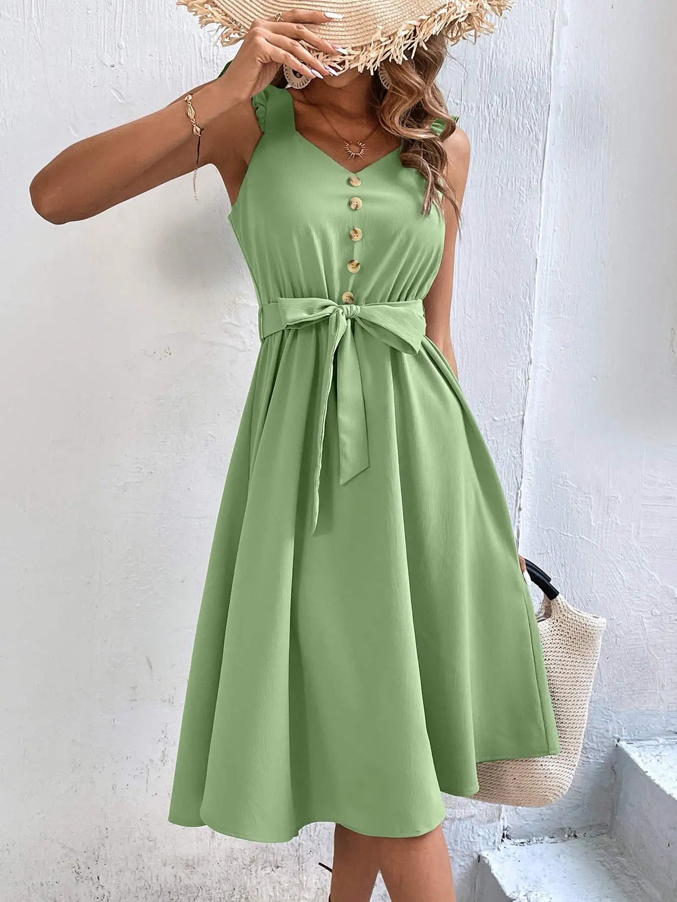 Summer On Sale Clearance Women Sleeveless V-Neck Button Solid Sun Casual Sweet Holiday Party Beach Midi Dress Stylish Wraparound Midi Dress