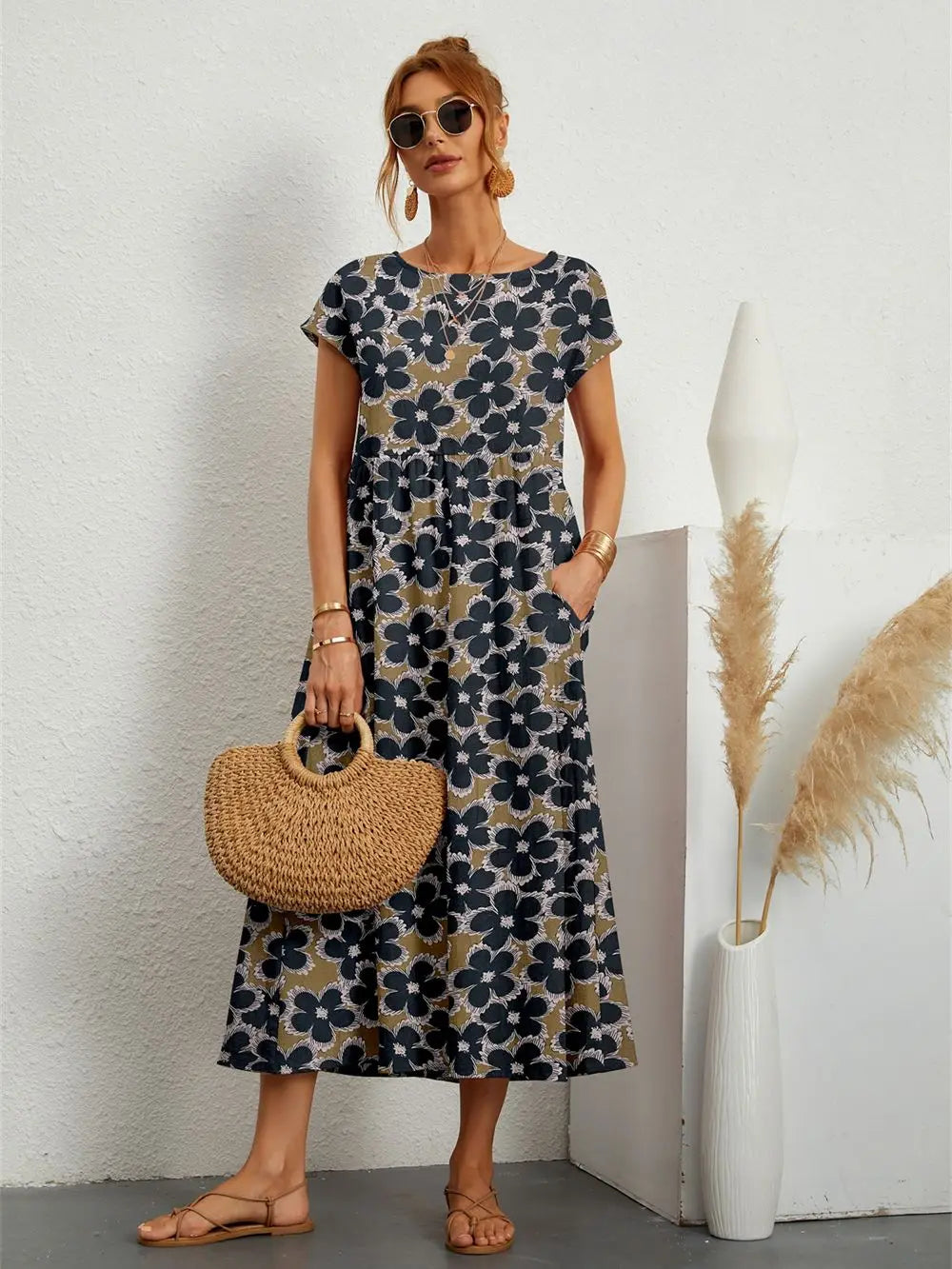 Women Summer Fashion Style Short Sleeve Print O-neck Fold with Pockets Midi Dress Trendy Off-Shoulder Ruffle Midi Dress