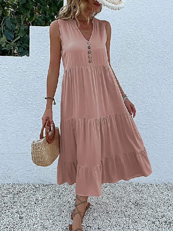 JIM & NORA Summer Women Sleeveless Tank V Neck Buttons Ruffle Loose Beach Solid Sun Fashion Midi Dress Trendy A-Line Midi Dress