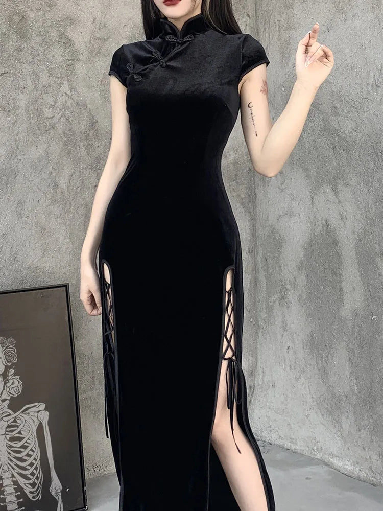 FashionSierra - Gothic Velvet Aesthetic Women Black Bandage SlitHem Bodycon Evening Wear Cheongsam Midi Dress Cozy T-shirt Midi Dress