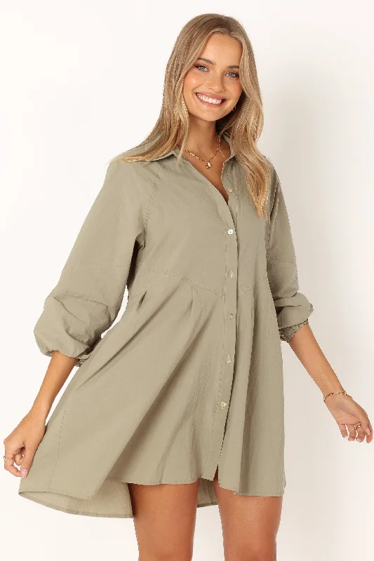 Criselle Long Sleeve Mini Dress - Khaki Modern Satin Mini Dress