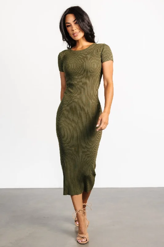 Dana Ribbed Midi Dress | Olive Trendy Smocked Waist Midi Dress