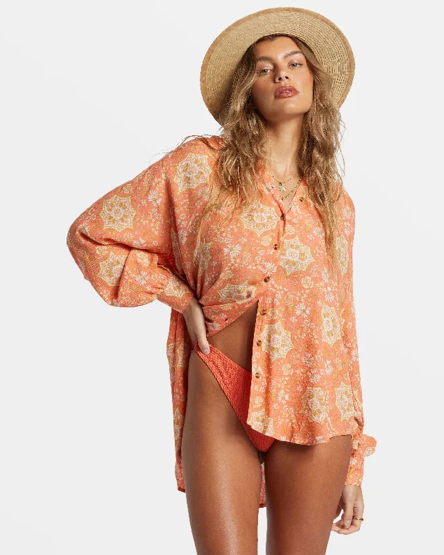 Dream Space Long Sleeve Shirt - Sweet Papaya Stylish Split-Hem Short Shirt