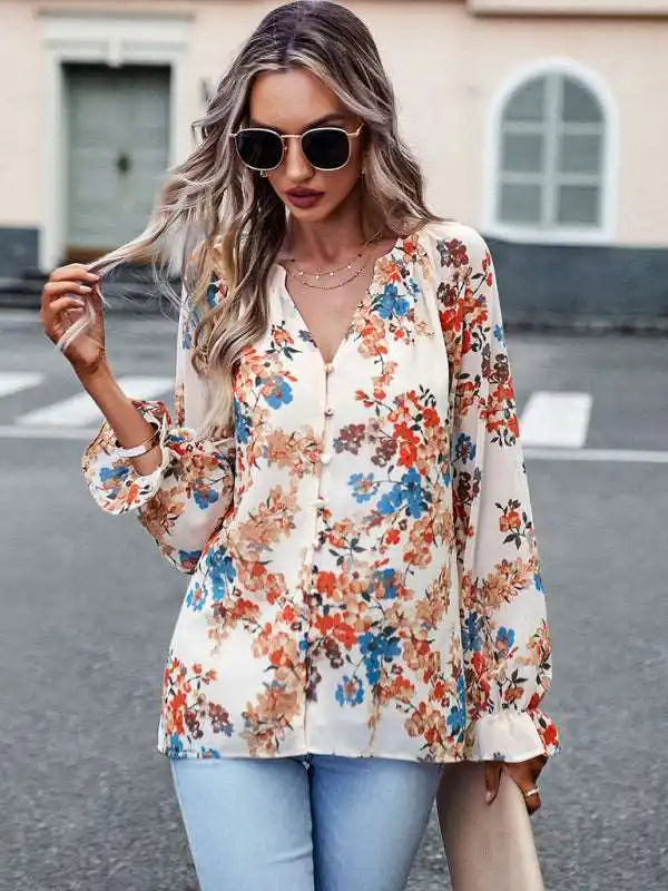 Elegant floral print shirt with V-neck buttons blouse Casual Button-Down Short Shirt