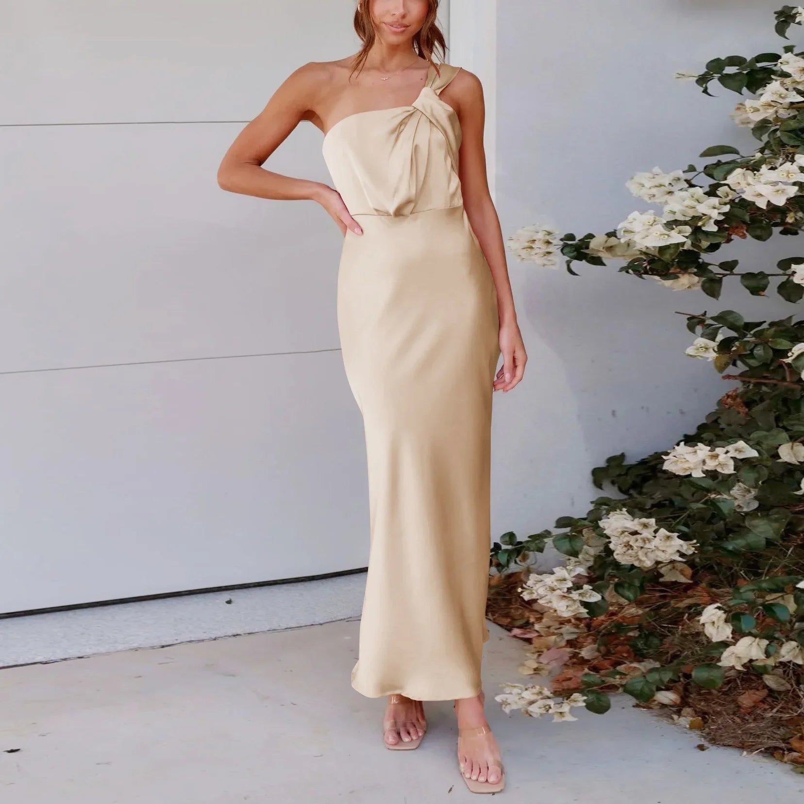 Elegant One-Shoulder Satin French Slim Sexy Ladies Midi Dresses Elegant Satin Button Midi Dress