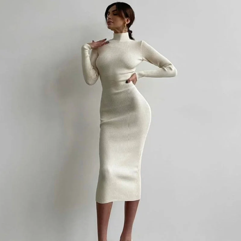 Emma Long Sleeve High Neck Knitted Midi Dress Comfortable Stretch Midi Dress