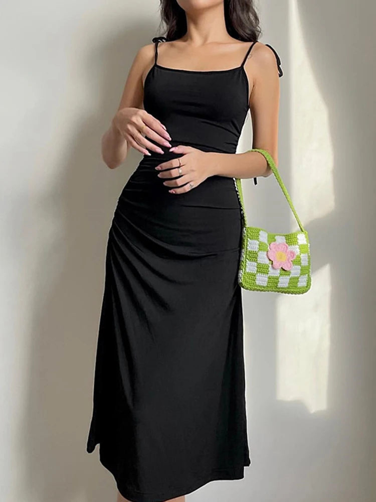 Fashion Strappy Black Irregular Backless Summer Clothes Midi Dresses Trendy Flared Sleeve Midi Dress