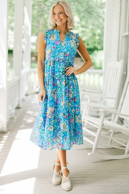 Fate: Start The Day Blue Floral Midi Dress Trendy Long Sleeve Midi Dress