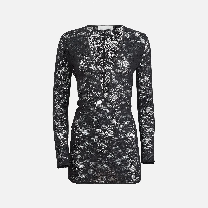 Fleur du Mal Le Stretch Lace Deep Plunge Mini Dress - Black Stylish Short-Sleeve Mini Dress